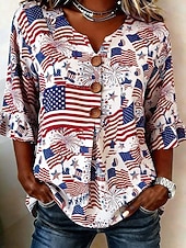  día de la independencia americana Mujer Camisa camisa boho Camisa casual Graphic Bandera Elegante Bohemia Vacaciones Manga 3/4 Escote en Pico Tops regulares Casual Blanco y rojo Patrón blanco Rojo