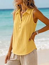 abordables Chemises-Femmes Gilet en coton et lin Texture Boutons ancien Sans manches Revers Hauts Réguliers Blanche Jaune Vert Été Printemps