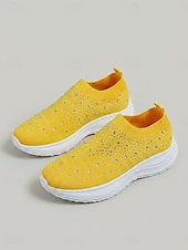 abordables Baskets femme-Baskets jaunes à strass pour femmes - chaussures respirantes en maille scintillante avec semelle EVA amortissante pour un usage quotidien et la marche &amp; voyage