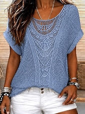  Mujer Elegant Parte superior con ojales Top de empalme de encaje Retazos Elegante Bohemia Vintage Manga Corta Cuello Barco Tops largos Casual Diario Noche Azul Piscina Rosa Naranja Beige Verano