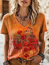 cheap Floral tee-Women's T Shirt Print Floral Graphic Stylish Classic Casual Short Sleeve V Neck Regular Tops Casual Daily Blue Pink Orange Summer Spring