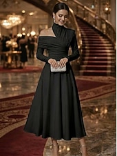 economico Abiti da cocktail-Linea ad A Lunghezza alla caviglia Lunghezza Tè Abiti da Cocktail Elegante Abito da sera stile impero Manica Lunga Collo Alto Festa serale Matrimonio Raso Elasticizzato con Pieghe Tinta unita