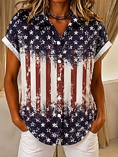 economico Magliette Giorno dell’Indipendenza-Giorno dell'Indipendenza Americana Per donna Camicia Bottoni Stampato Grafico Bandiera Vintage Quotidiano Elegante Manica Corta Colletto a Camicia Top Regolari Casuale Quotidiano Blu Bianco Rosso