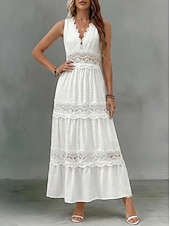 ieftine Rochii Albe din Dantela-Pentru femei Rochie Maxi Rochie de dantela Rochie albă Elegant Modă Plajă Vacanță Concediu Fit regulat Simplu Fără manșon V Adânc Alb Vară Primăvară