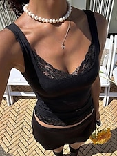  Mulheres Malha Íntima Tops de renda Renda Côr Sólida Férias Diário Sensual Sem Manga Sem Mangas Com Alças Tops curtos Casual Diário Preto Branco Verão Primavera