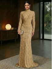 preiswerte Schlauch-Abendkleider-Schlauchkleid Bodenlang Abendkleid Festliche Kleidung Elegant Glitzernd Glitzern Langarm Hoher Ausschnitt Hochzeit Formell Spitze Stretch Satin mit Falten Perlenbestickt