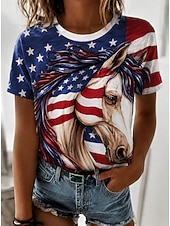 ieftine Ziua Independenței Top-Ziua Independenței Americane Pentru femei Tricou Imprimeu Grafic Steag Scrisă Epocă Modă Stilat Manșon scurt Stil Nautic Rotund Topuri obișnuite Casual Zilnic Sfârșit de săptămână Albastru piscin