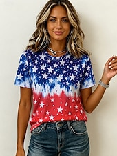  American Independence Day Women's T Shirt Print Graphic American Flag Vintage Stylish Casual Short Sleeve Crew Neck Regular Tops Casual Daily Weekend Blue White Red Red / Blue Summer Spring