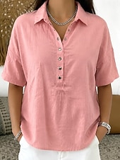 cheap Shirts-Women's Shirt Linen-feel Shirts Vintage Stylish Short Sleeve Turndown Regular Tops Daily Work Holiday Blue Black White Pink Light Brown Summer Spring