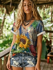 cheap Boho tee-Women's T Shirt Print Graphic Paisley Stylish Classic Casual Short Sleeve V Neck Regular Tops Casual Daily White Green Summer Spring