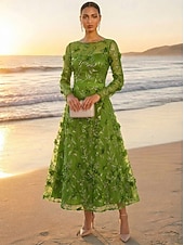 cheap Ankle Length-A-Line Dress Ankle Length Cocktail Dress Wedding Guest Dress Mother of the Bride Dress Long Sleeve V Neck Elegant Luxurious Casual Formal Wedding Guest Kentucky Derby Lace Tulle with 3D Flowers