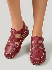 baratos Sandálias Planas-Sandálias femininas vermelhas escuras de bico fechado - calçado casual confortável com design vazado em tecido, sandálias de verão respiráveis com fecho de velcro para uso diário e viagens. &amp; andando
