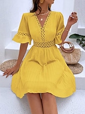 cheap Plain Dress-Women's Knee Length Dress Sundress Casual Dress Vacation Casual Boho Beach Party Date Regular Fit Plain Short Sleeve V Neck Blue White Yellow Red Summer Spring