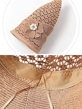 baratos Chapéus Femininos-Chapéu bucket feminino dobrável em poliéster respirável – chapéu de sol de verão com flor decorativa e pérola, multicolorido, elegante para uso externo, jardim, praia e férias.