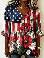  American Independence Day Women's Shirt Graphic USA American Flag Vintage Stylish Long Sleeve V Neck Regular Tops Casual Daily Holiday Red Brick red Summer Spring