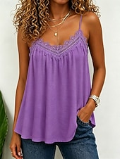 abordables Tops de Encaje-Camiseta sin mangas elegante para mujer con panel de encaje, textura patchwork, lisa, sin mangas, tirantes finos, estilo casual, verano, azul, negro, blanco, morado.