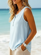  Women's  Vintage Cotton Linen Vest Texture Buttons Solid Color Sleeveless Crew Neck Regular Tops White Green Light Blue Summer Spring