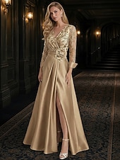 economico Abiti da Sera a Linea A-Linea ad A Lunghezza al pavimento Abito da Sera Abito formale Elegante Matrimonio informale / diurno Manica Lunga Scollo a V Matrimonio Formale Raso con Fiori 3D Pieghe Spacco