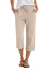 abordables jambe large et taille haute-Femmes Coton Pantalon capri Pantalons à jambes droites Mode Streetwear Occasionnel Longueur mollet Taille haute Uni Avec Poches Ceinture Élastique Confortable Doux Élastique Extérieur Vacances Rue