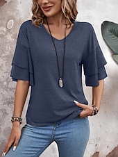 abordables T-shirt uni-Femmes T-shirt Élégant Manche Courte Manche Volants Col en V Hauts Réguliers Occasionnel Noir Blanche Rose Claire bleu marine Chameau Été Printemps