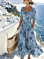  Damskie Sukienka midi Codzienne sukienki Sukienka A line Elegancja Urlop Elegancki Plaża Święto Regularny Kwiaty Graficzny Rękaw 1/2 Kwadratowy dekolt Niebieski Żółty Zielony Lato Wiosna