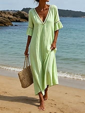 cheap Plain Dress-Women's Midi Dress Boho Dress Sundress Casual Dress Elegant Fashion Modern Outdoor Vacation Going out Loose Fit Plain Half Sleeve V Neck Blue Khaki White Pink Summer Spring