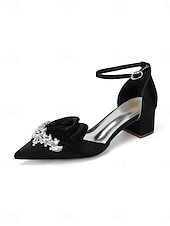 cheap Mother of Bride/Groom-Women's Sophisticated Navy Blue Satin Block Heel Shoes with Bow and Crystal Brooch for Mother of the Bride