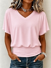 abordables T-shirt uni-Femmes T-shirt Cordon de serrage Uni Mode Élégant Basique Manche Courte Col en V Hauts Réguliers Occasionnel Quotidien Sortir Noir Blanche Rose Claire Marron Été Printemps
