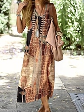 tanie Sukienki boho-Damskie Sukienka midi Sukienka letnia Codzienne sukienki Sukienka A line Sukienka z odkrytymi ramionami Urlop Elegancki Święto Luźna Graficzny Geometryczny Zabytkowe Bez rękawów W serek Żółtobrązowy