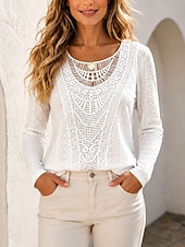 cheap Plain tee-Women's T Shirt Lace Solid Color Stylish Casual Long Sleeve Round Neck Regular Tops Casual Daily White Summer Spring