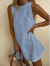 preiswerte Weiße Spitzenkleider-Damen Minikleid Spitzenkleid Weißes Kleid Urlaub Lässig Strand Strand Ferien Normale Passform Blumen Grafik Ärmellos Rundhalsausschnitt Blau Schwarz Weiß Rosa Sommer Frühling