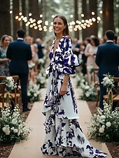 baratos Comprimento do chão-Vestido de Convidada de Casamento em Comprimento de Chão com Mangas Longas e Decote em V Vestido de Mãe da Noiva Vestido de Festa com Estampa