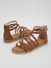 cheap Gladiator Sandals-Women's Almond Gladiator Sandals - Lightweight Braided Multi-Strap Flat Sandals with Back Zipper for Walking, Travel &amp; Casual Wear