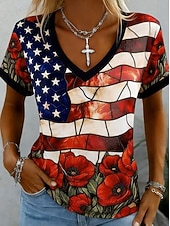  American Independence Day Women's T Shirt Print Graphic American Flag Vintage Stylish Classic Short Sleeve V Neck Regular Tops Casual Daily Black and Red Red Red White Summer Spring Fall Winter