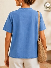 cheap Plain Blouses-SoftFade™ Women's 100% Cotton Henley Shirt Solid Color Vintage Fashion Stylish Short Sleeve V Neck Regular Tops Casual Beach Blue Khaki Black Purple Orange Summer Spring