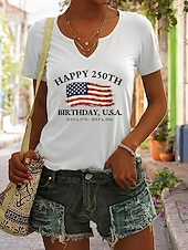  American Independence Day Women's T Shirt Print Graphic American Flag Vintage Stylish Classic Short Sleeve Notched Neck Regular Tops Daily Weekend White Red Ink Blue Green Summer Spring