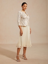 tanie Zestawy sukienkowe-Zestawy sukienek damskich, marynarka, wygodna, haftowana, z cekinami, elegancka, kwiatowa, formalna, zapinana z przodu na guziki, regularny okrągły dekolt, regularny krój, rękawy 3/4, odzież