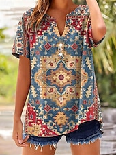 billige Kunst og Design Bluser-Dame Skjorte Knapper Trykt mønster Grafisk Geometri Stilfull Klassisk Fritid Kortermet V-hals Lange topper Avslappet Daglig Ut på byen Blå Rød Oransje Sommer Vår