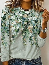 preiswerte Blumen-T-Shirt-Ostern Damen T Shirt Druck Blumen Grafik Pflanzen Stilvoll Klassisch Modern Langarm Rundhalsausschnitt Rundhals Normale Oberteile Lässig Täglich Wochenende Weiß Leicht Rosa Grün Beige Sommer Frühling