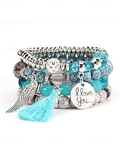 preiswerte Urlaubszubehör-Mehrlagiges Perlenarmband-Set im Boho-Stil für Damen – farbenfrohe Armbänder mit Quaste und Flügelanhänger für Freizeit und Strand.