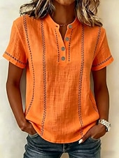 abordables T-shirt uni-Femmes T-shirt Chemise Henley Boutons Rayé Mode Manche Courte Henley Hauts Réguliers Occasionnel Plage Été Blanche Vert Claire bleu marine Bleu Ciel Orange Été Printemps