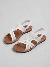 abordables Sandalias Planas-Sandalias planas de malla transpirable para mujer: zapatos de punta abierta con tiras cruzadas y cordones elásticos en la parte trasera, sandalias ligeras sin cordones para la playa, uso casual de