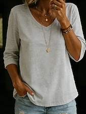  Mujer Camiseta Color sólido Elegante Clásico Manga 3/4 Escote en Pico Tops largos Casual Azul Piscina Negro Blanco Verde Claro Rosa Verano Primavera