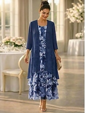 ieftine Seturi de rochii pentru mama-Două Piese Linia -A Lungime Gleznă Rochie pentru invitata de nunta Larg Rochie Mama Miresei Lungime Manșon 3/4 Scoateți gâtul Elegant Simplu Casual Oficial Invitat la nunta Concediu Șifon Rochii