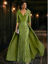 abordables Vestidos de gala-Corte A Hasta el Suelo Bordado con cuentas Vestido formal Vestido de madre de la novia Vestidos de noche Vestido de baile con sobrefalda Vestimenta formal Elegante Sedoso Manga 3/4 Cuello Camisero