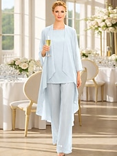abordables Trajes de pantalón de mamá-Traje de pantalón Traje de 3 piezas Hasta el Suelo Vestido de Madrina Sin Mangas Barco de cuello Elegante Talla Grande Bolero incluido Invitado a la boda Gasa Vestidos de chaqueta con Un Color