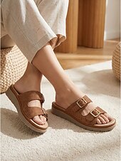 baratos Sandálias Confortáveis-Sandálias femininas marrons com fivela dupla e strass – chinelos de verão brilhantes e confortáveis com palmilha macia e acolchoada para pés inchados, ideais para férias. &amp;roupa casual para o dia a