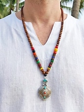 abordables Accessoires de vacances-Collier pour homme en perles de bois naturel avec pendentif totem tibétain, bijou long à chaîne de style bohème ethnique, idéal pour la méditation, le yoga, les rassemblements spirituels et les tenues