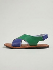 abordables Sandales Plates-Chaussures plates à bout ouvert, style bohème, color block, en PU, fermeture velcro, noir/blanc, vert/bleu, jaune