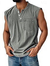 Men's Vintage Tank Top 100% Cotton Acid Wash Vest Top Undershirt Sleeveless Shirt Sleeveless Henley Summer Plain Fashion Designer Basic Pocket Buttons Vacation Street Black Top Tee for Men